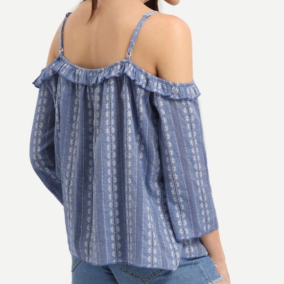 SHEIN Blue Open Shoulder Ruffle Blouse - Picture 3 of 6